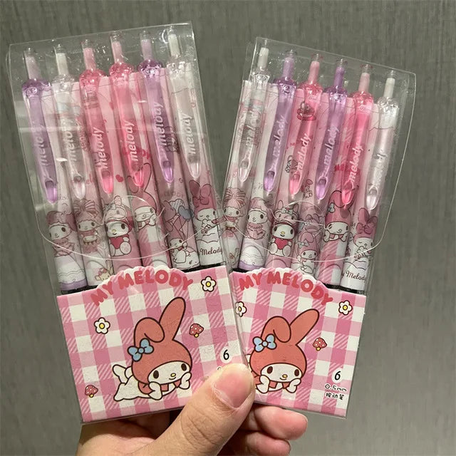 Sanrio Hello Kitty 6pcs Series Gel Pen 0.55mm Refill Y2k Cinnamoroll Kuromi MelodyCartoon Press Pen Black Stationery Supplies