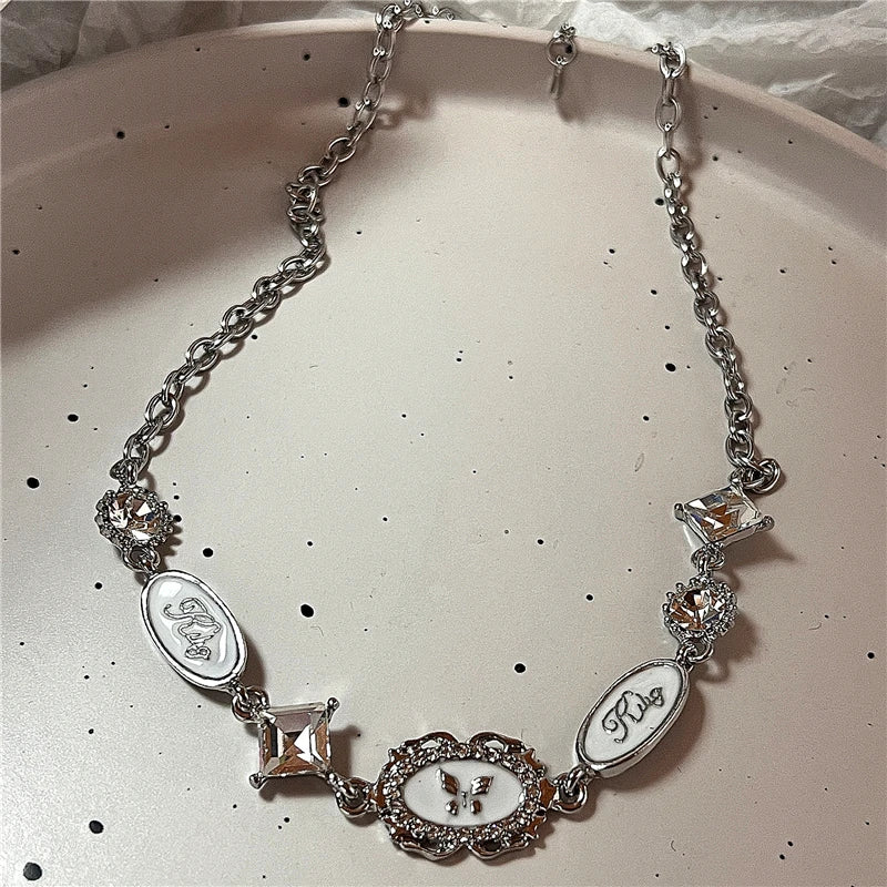 Kpop Gothic Punk Pink Cross Heart Bowknot Pendant Chain Necklace Women Charm Vintage Aesthetic Y2k EMO 2000s Jewelry Accessories