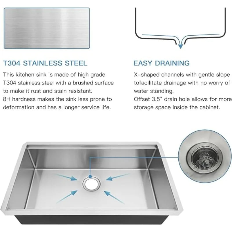 Best - 28 Inch Undermount Kitchen Sink - 28x19 Workstation Undermount Sink Stainless Steel T304 16 Gauge Single Bowl
