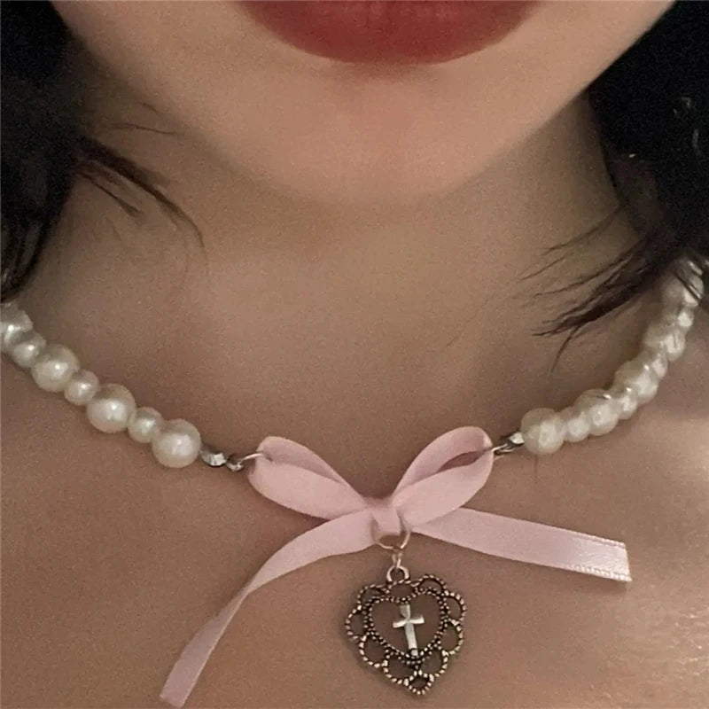 Kpop Goth Y2K Cute Pink Ribbon Bowknot Heart Pendant Pearl Beads Choker Necklace Girl Charm EMO 2000s Lolita Jewelry Accessories