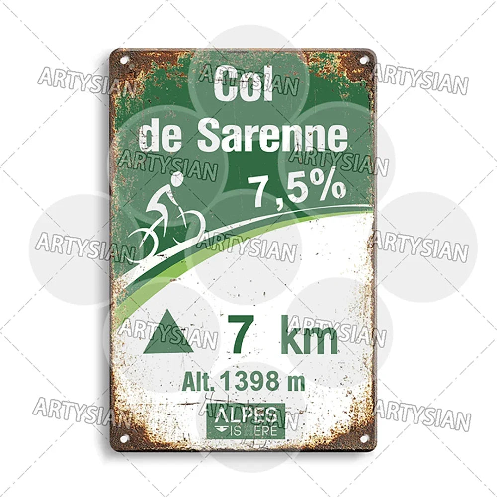 Tour de France Metal Sign Cycling Plaque Paves Du Paris Roubaix Col du Galibier Col de Sarenne Alpe d'Huez Mont Ventoux Glandon