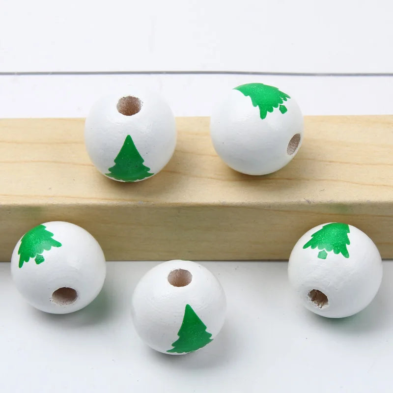 Round Balls Red Green Wooden Beads 15mm Cartoon Tree Letter Pattern Halloween Christmas Beads For Jewelry Making DIY Accessories