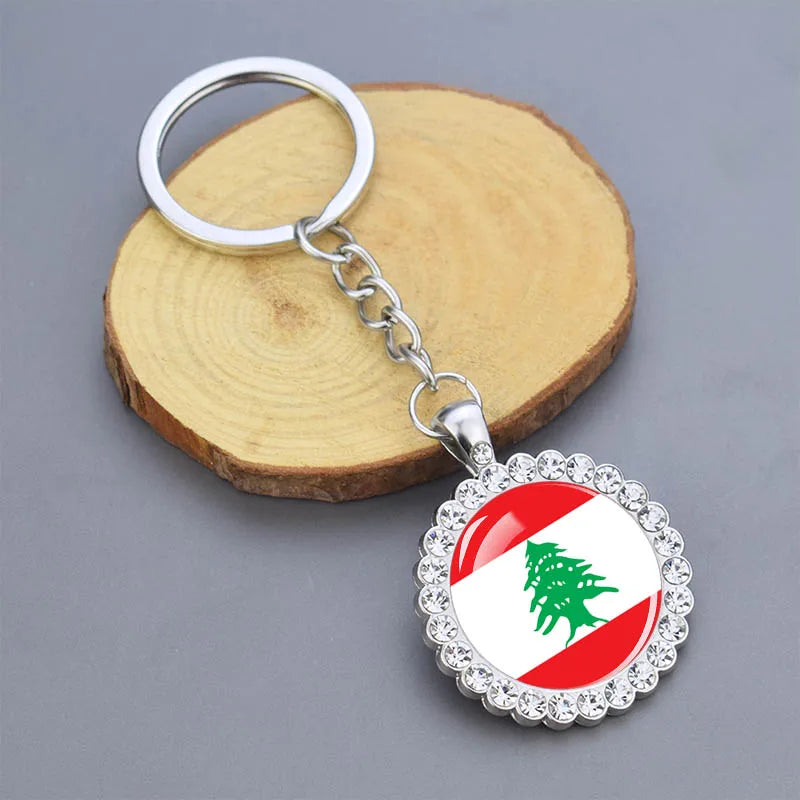 Arab National Flag Keychains Algeria Yemen Tunisia Saudi Arabia Egypt Glass Dome Rhinestone Key Chain Flag Jewelry Keyring Gift