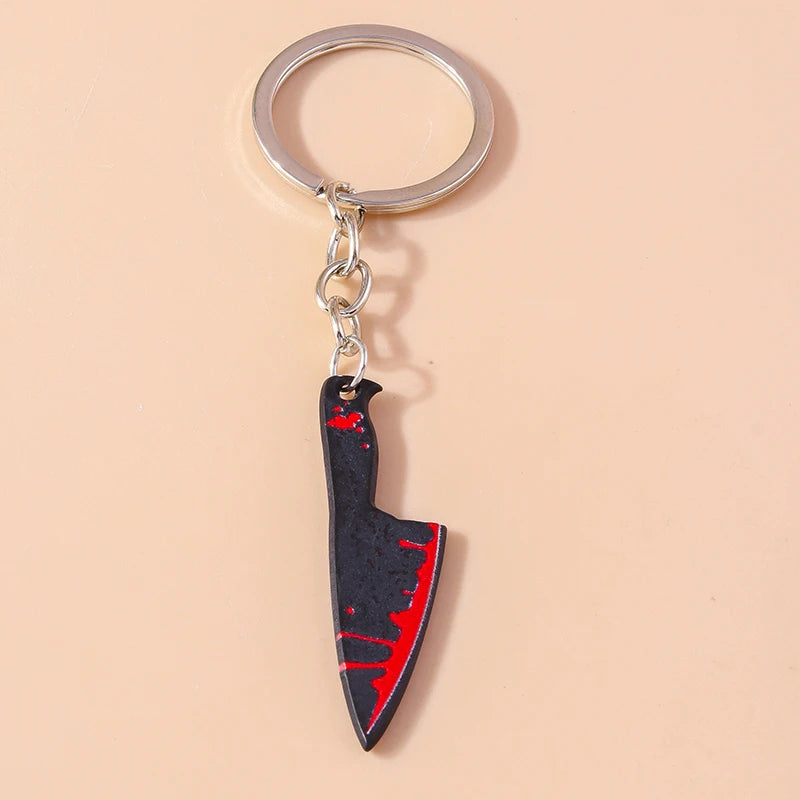 Aihua Resin Halloween Imitation Bloody Knife Keychain Dagger Scissors Axe Saw Keyring for Halloween Night Party Jewelry Gifts