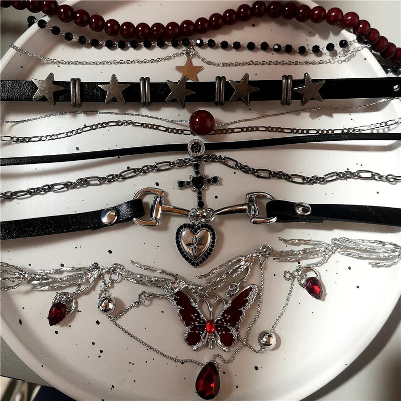Gothic Y2K Red Butterfly Star Heart Cross Pendant Ghost Claw Choker Charms Necklaces Women Aesthetic Accessories Grunge Jewelry