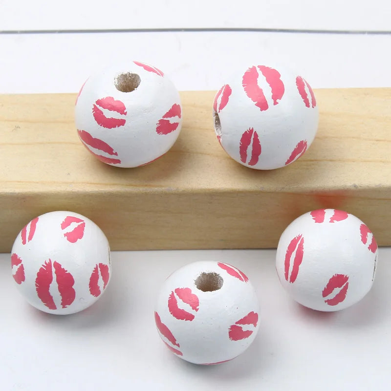 Round Balls Red Green Wooden Beads 15mm Cartoon Tree Letter Pattern Halloween Christmas Beads For Jewelry Making DIY Accessories