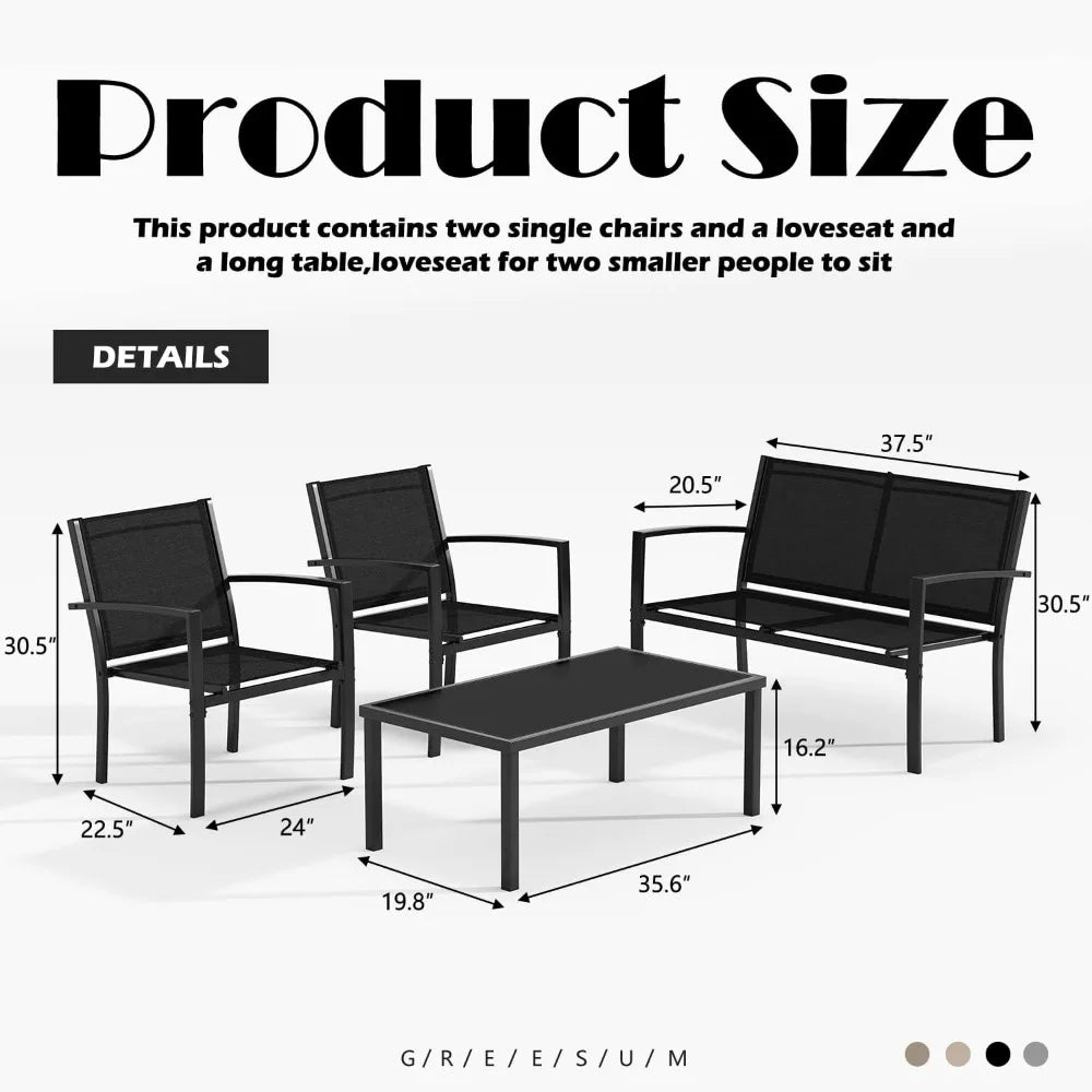 4 Pieces Patio Furniture Set, Outdoor Conversation Sets for Patio, Lawn, Garden, Poolside with A Glass Coffee Table, Black