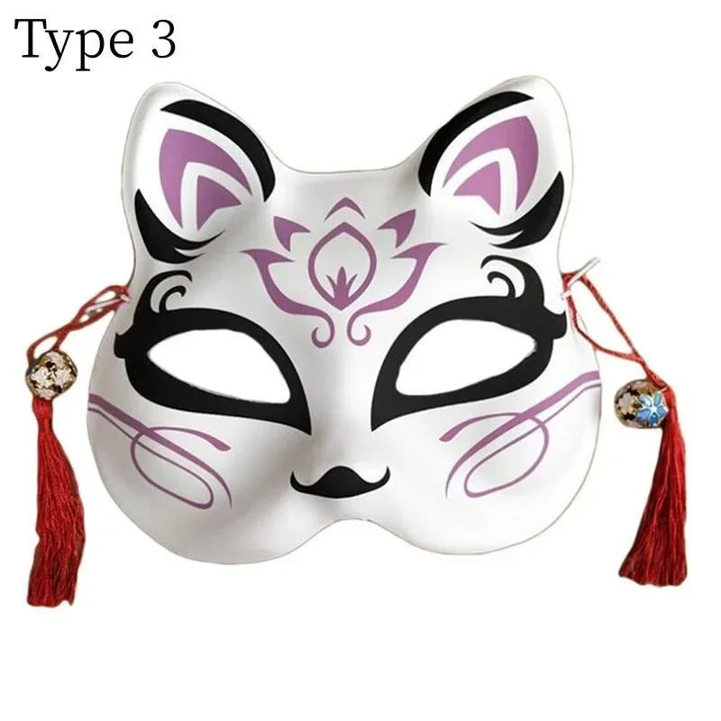 Party Show Fox Mask With Tassels And Bells Hand-painted Kitsune Half Face Halloween Cosplay Gift