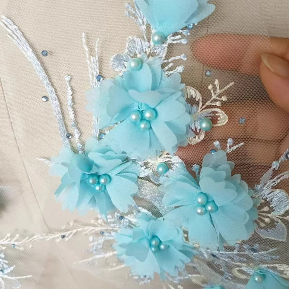 1Pc Pink Blue 3D Flower Bead Embroidery Patch Mesh Fabric Applique Sew Wedding Dress Clothes Decor Diy Repair