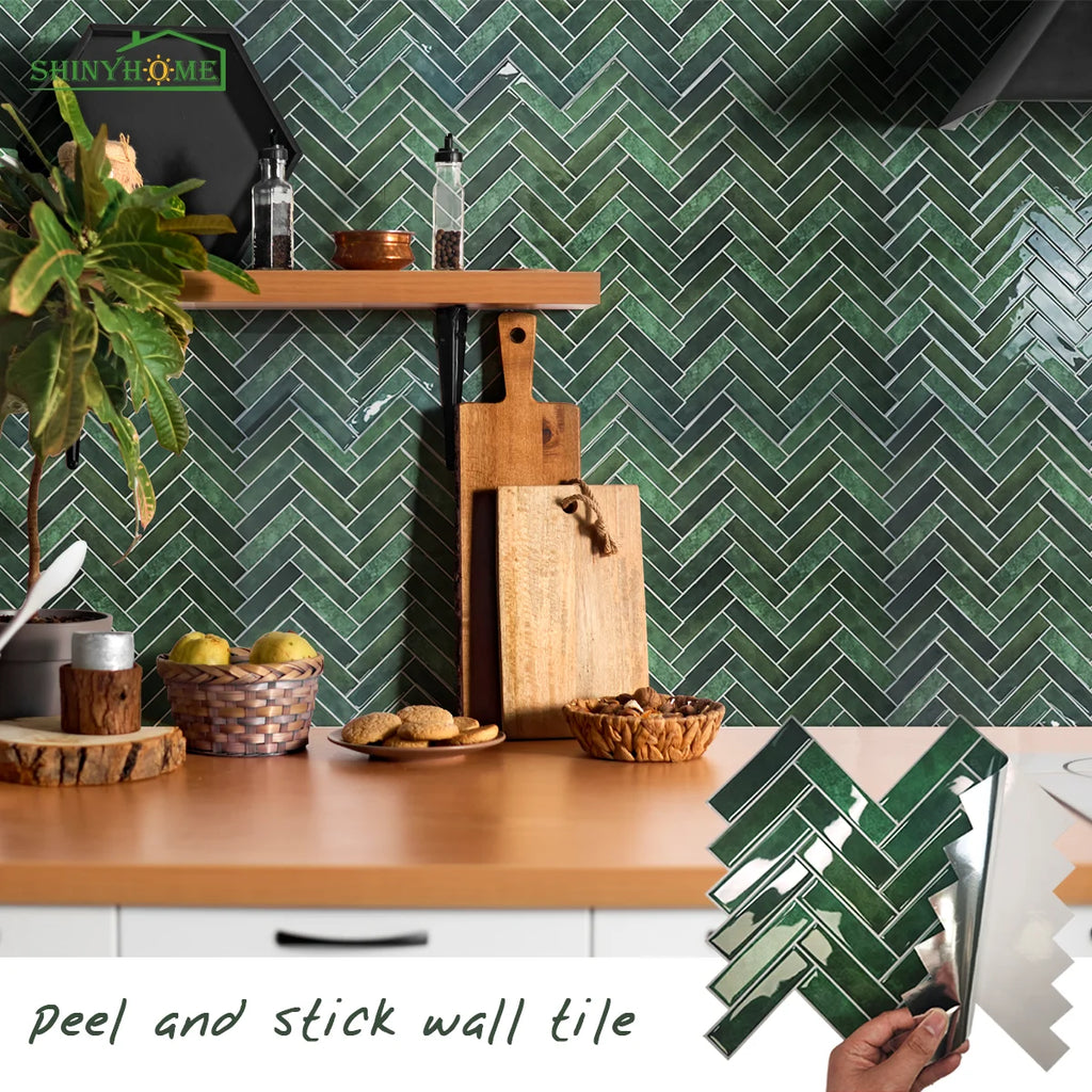 1/5/10/30pcs Green Herringbone 3D Self-adhesive Wall Tile Heat Resistant Peelable Kitchen Backsplash Waterproof Bathroom Wall Ti