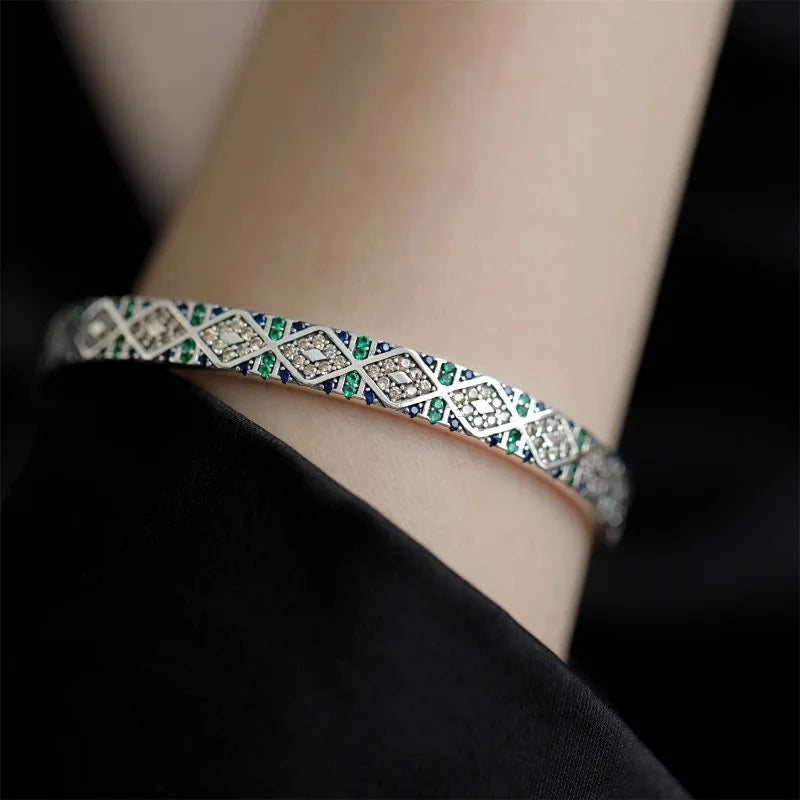 925 Sterling Silver Bracelet Bangle Green Blue Square Geometric Punk For Woman Girl Fashion Jewelry Gift Dropship Wholesale