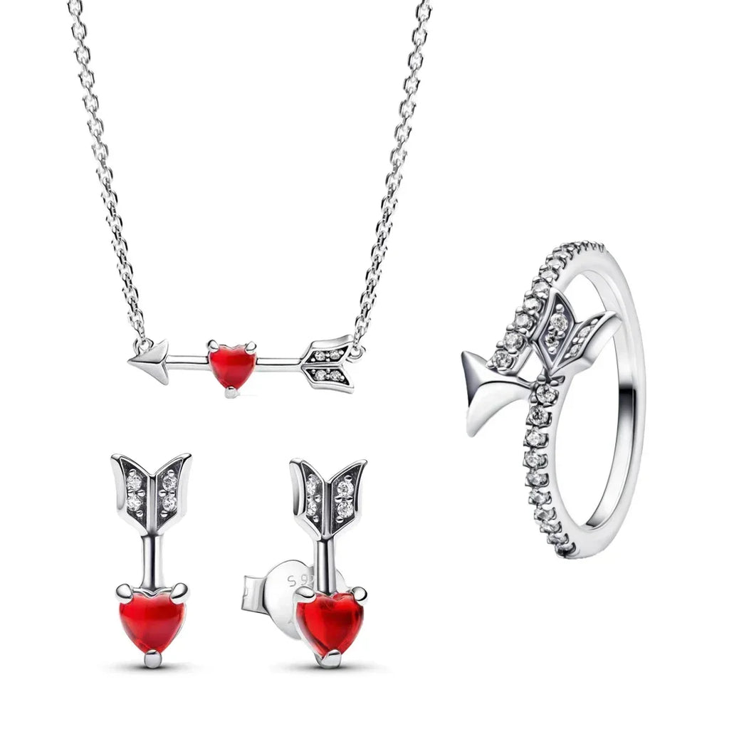 New Original 925 Sterling Silver Crown Bow Heart Set Ring Necklace Earring Crystal Women Valentine's Birthday Gift DIY Jewellery