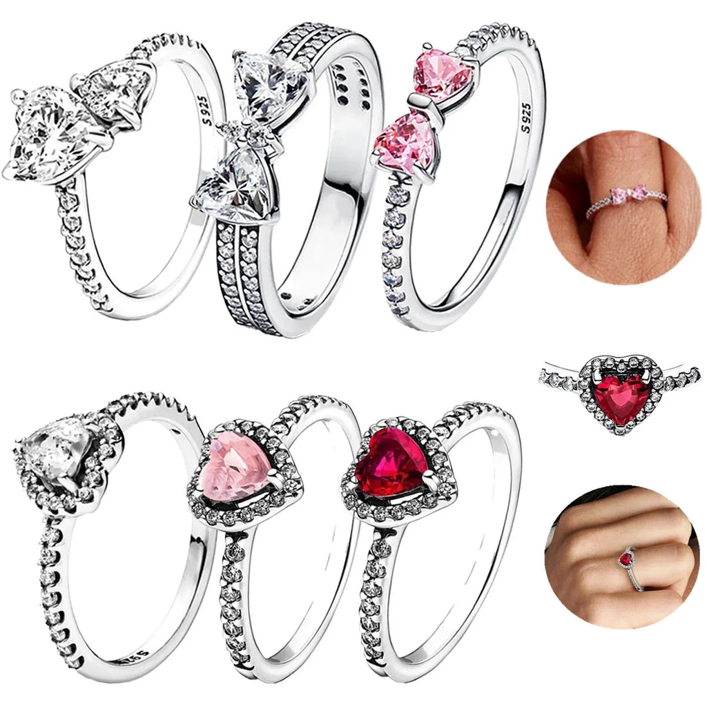 Original 925 Sterling Silver Rings For Women Crown Love Heart Sun Moon Engagement Wedding Pink Bow Ring Luxury Jewelry