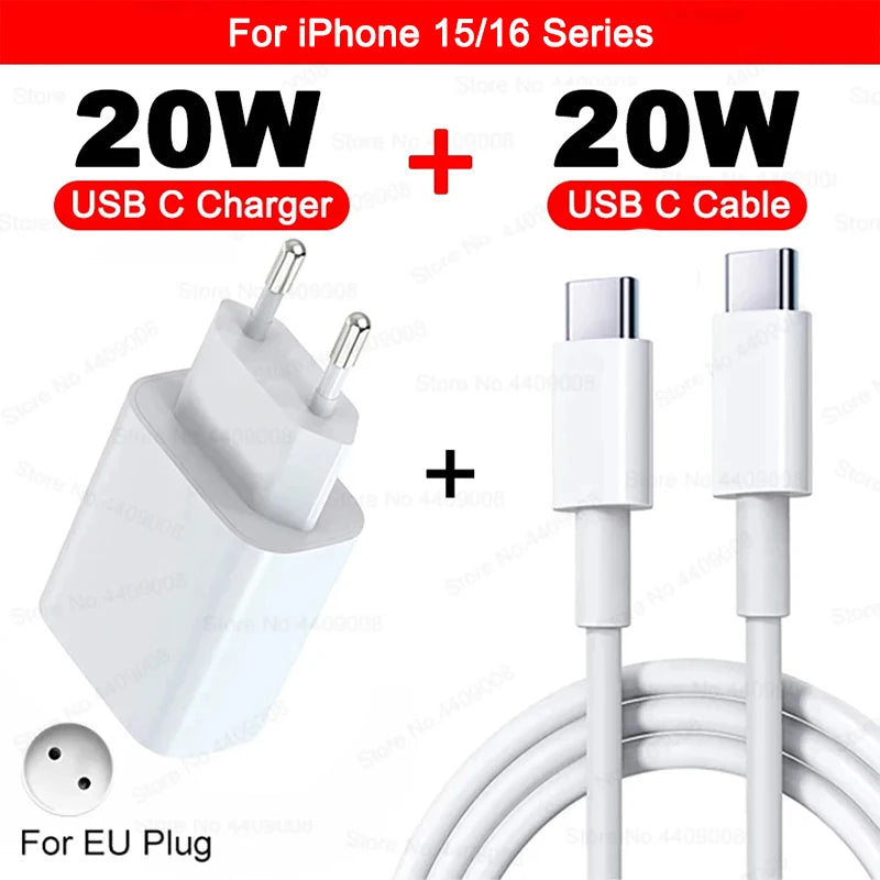 20W For iPhone USB C Fast Charger For iPhone 15 14 13 12 11 16 Pro Max 8 Plus PD Charger Type C Quick Charging Cable Accessories