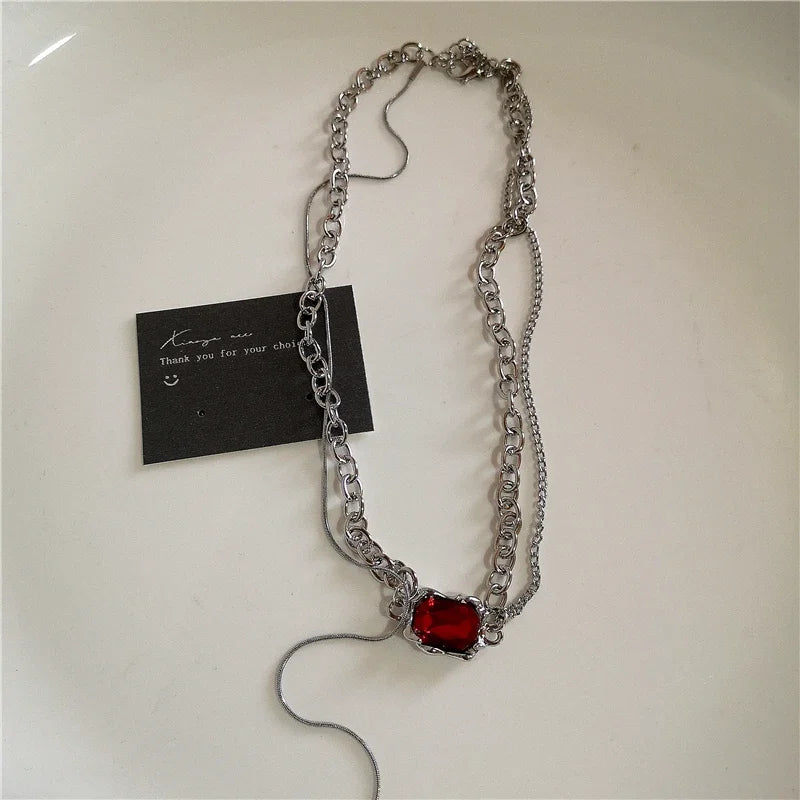 Punk Gothic Red Glass Cross Heart Pendant Pearl Necklace For Women Men Hip Hop Y2K 90s Short Choker Charms Jewelry Accessories