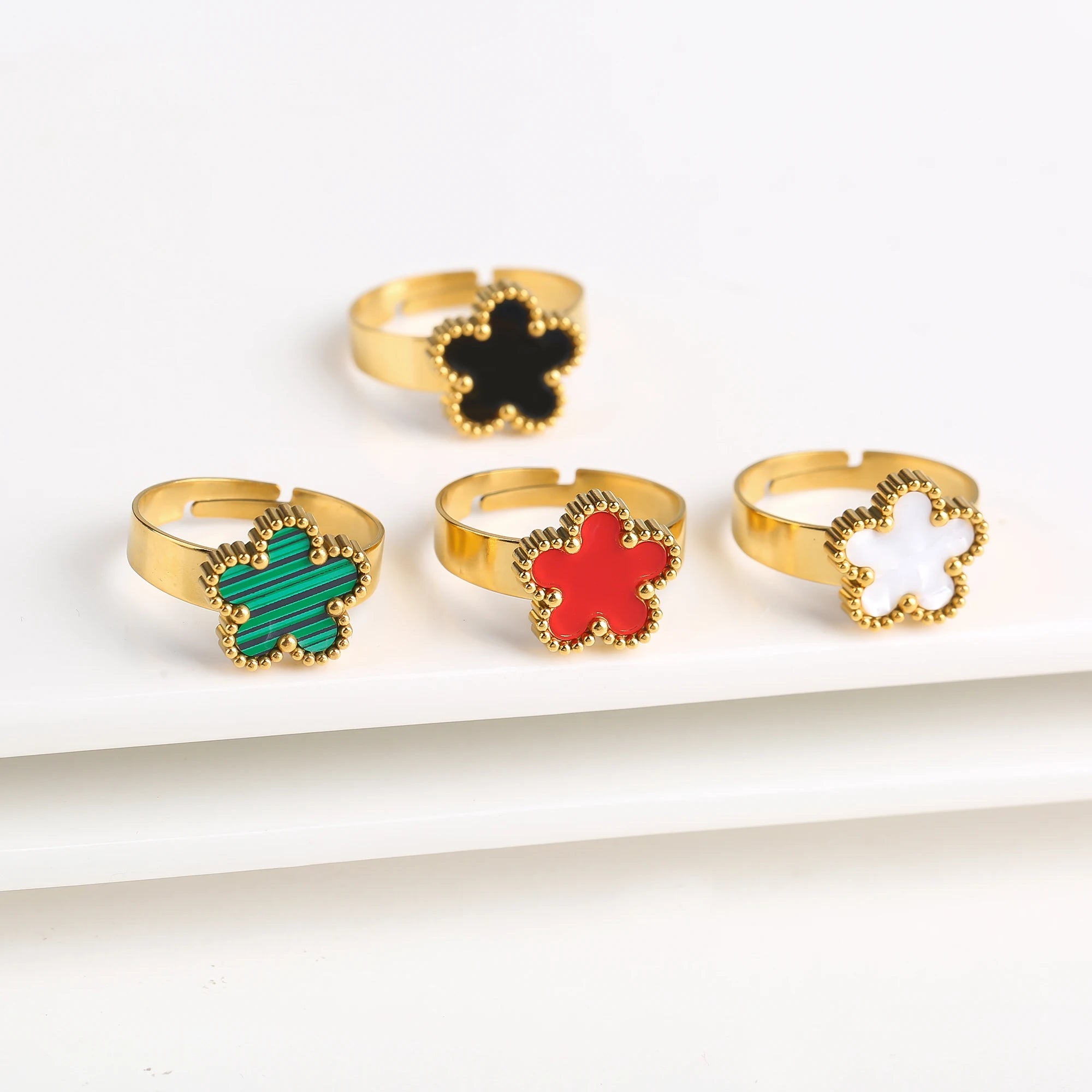 Adjustable Stainless Steel five-leaf Flower Opening Ring Fashion Women Plum Blossom Finger Jewelry Classic Party Gift Clover