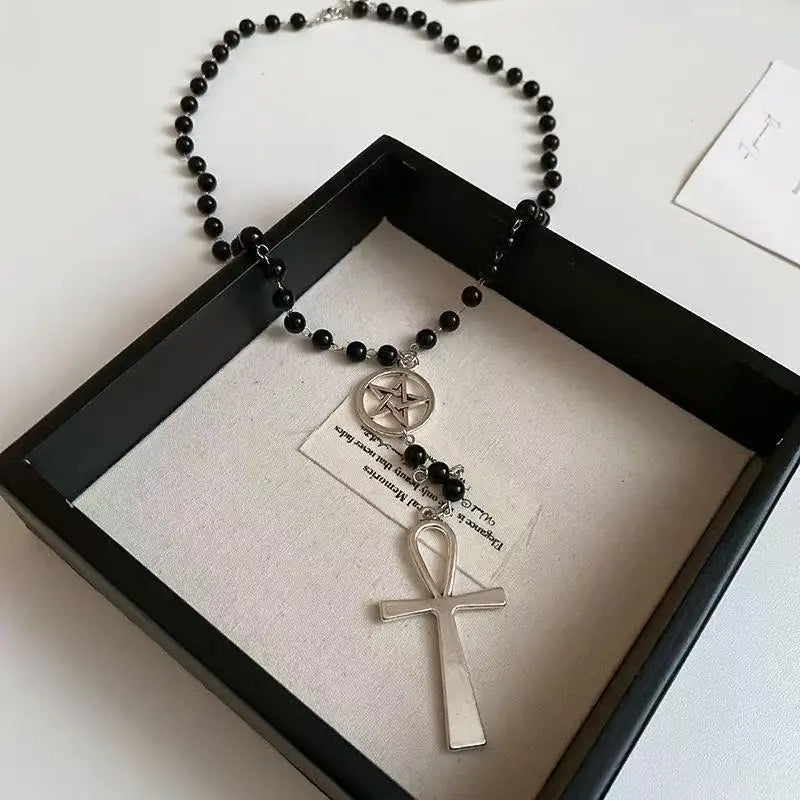 New Fashion Personalized Cross Long Bead Necklace for Wwomen Beaded Chain Vintage Punk Gothic Long Necklace Jewelry Gift