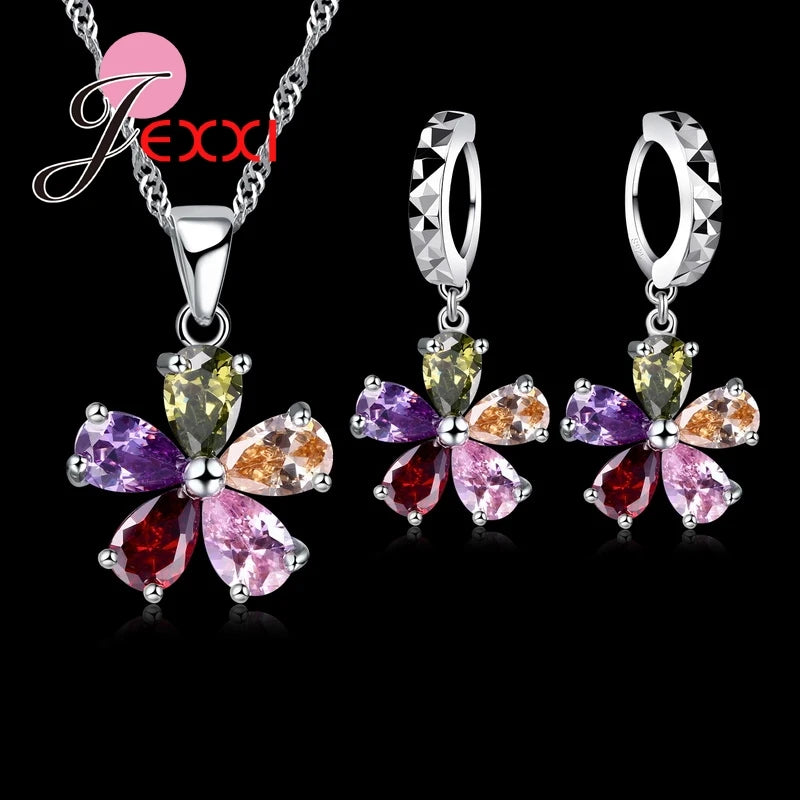 Shinning Flower Colorful CZ Crystal Pendant Jewelry Sets 925 Sterling Silver Pendant Necklace + Dangle/Hoop Earring Sets