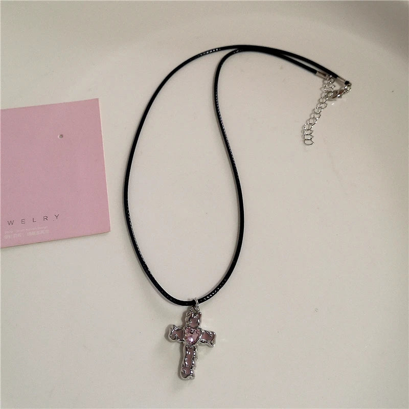 Gothic Y2K Pink Cross Heart Pendant Chain Choker Necklace For Women Egirl Hip Hop Punk Charms Aesthetic Jewelry EMO Accessories