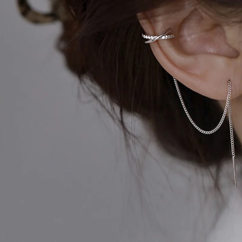 Korean Exquisite Zircon Star Ear Clip for Women Without Piercing Long Tassel Sweet Ear Cuff Clip Earrings Wedding Jewelry Gift