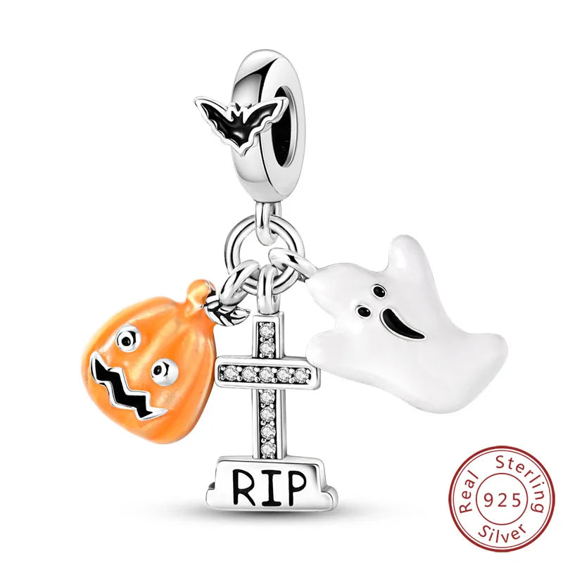 Halloween Charm Bead Pendant 925 Sterling Silver Pumpkin Witch Doll Skeleton Mummy Candy Charm Fit Original Bracelet DIY Jewelry