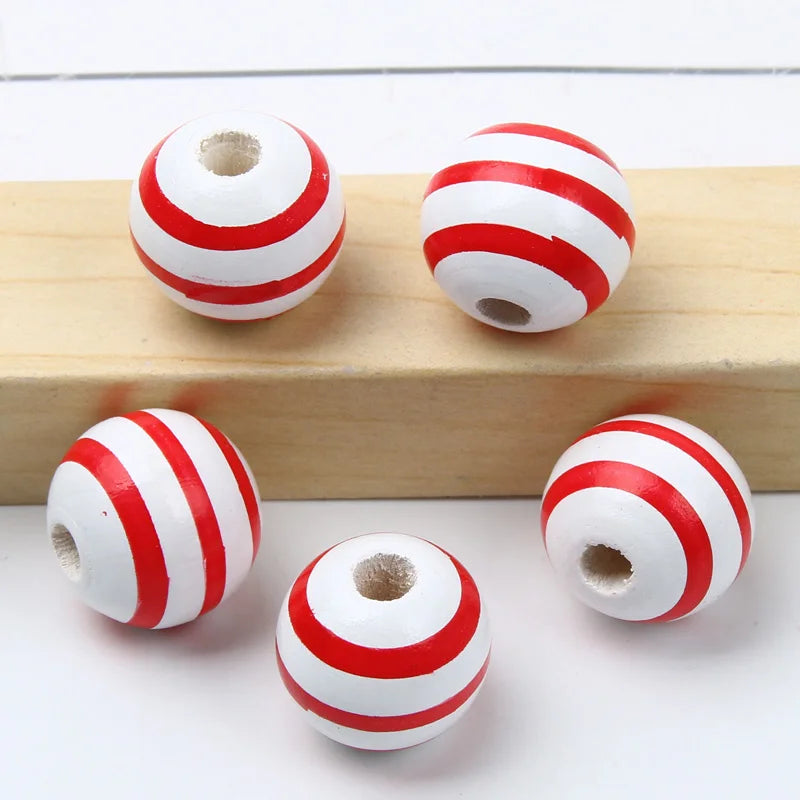 Round Balls Red Green Wooden Beads 15mm Cartoon Tree Letter Pattern Halloween Christmas Beads For Jewelry Making DIY Accessories