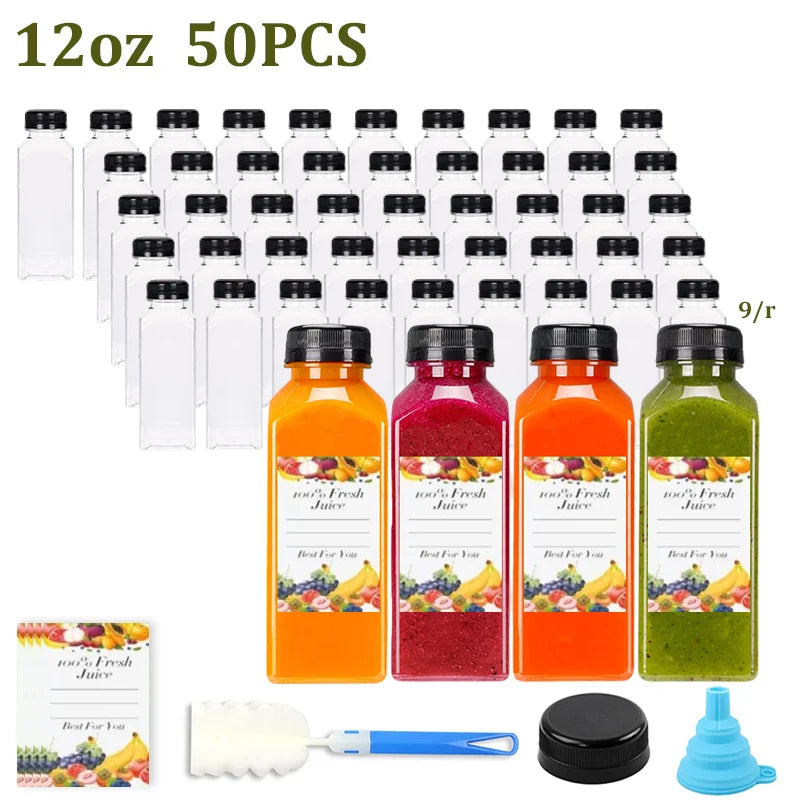 12/16oz Plastic Juice Bottles with Caps 6-50PCS Reusable Juicing Containers With Lids for Smoothie,Dringking or Other Beverages