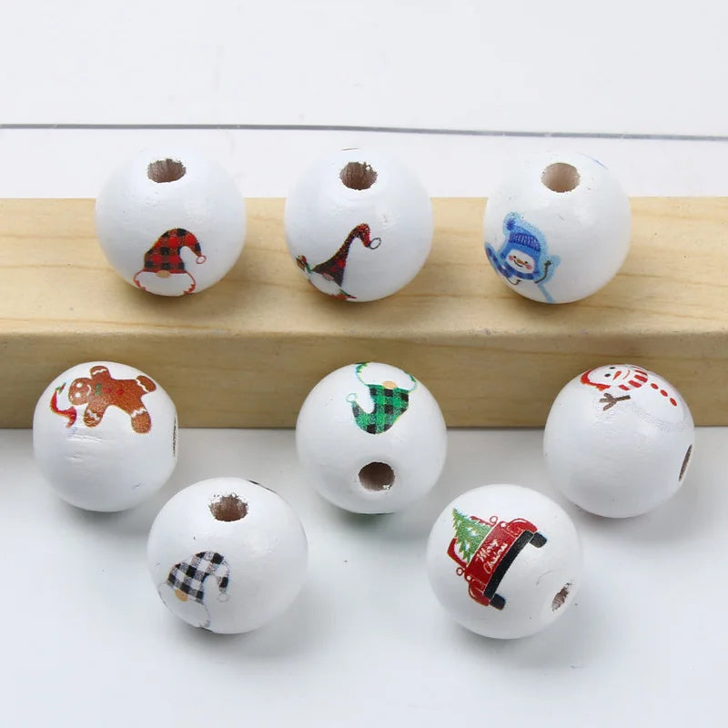 Round Balls Red Green Wooden Beads 15mm Cartoon Tree Letter Pattern Halloween Christmas Beads For Jewelry Making DIY Accessories