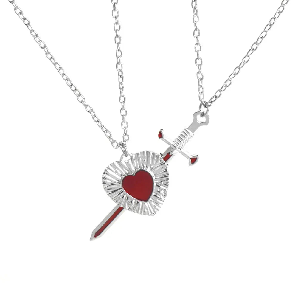 A Set Red Heart and Sword Couple Necklace Collarbone Chain Sword Necklace Fashion Accessories for Women Christmas Gift