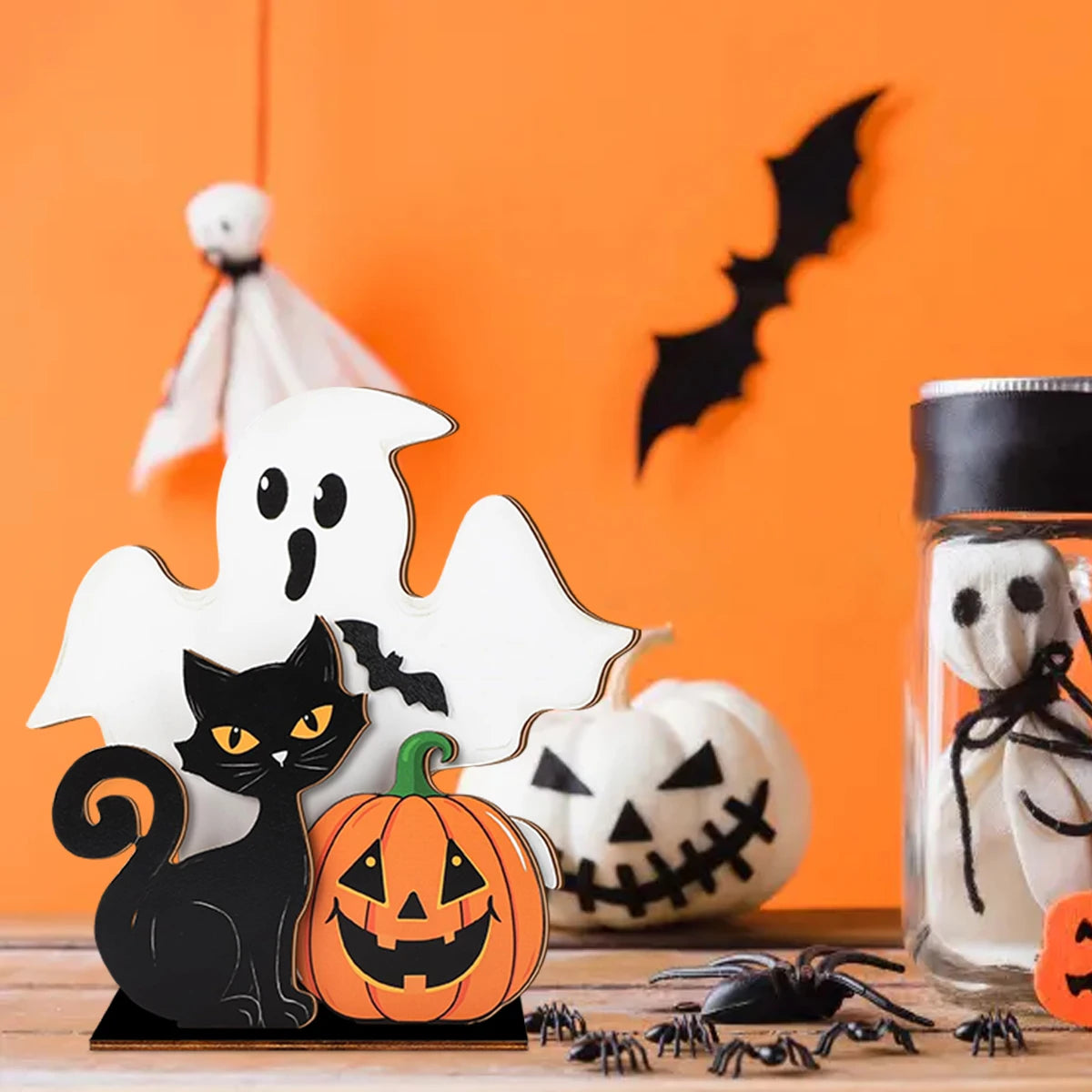 Halloween Wooden Decor - Ghost, Black Cat and Pumpkin Figurine for Home Party Ornament