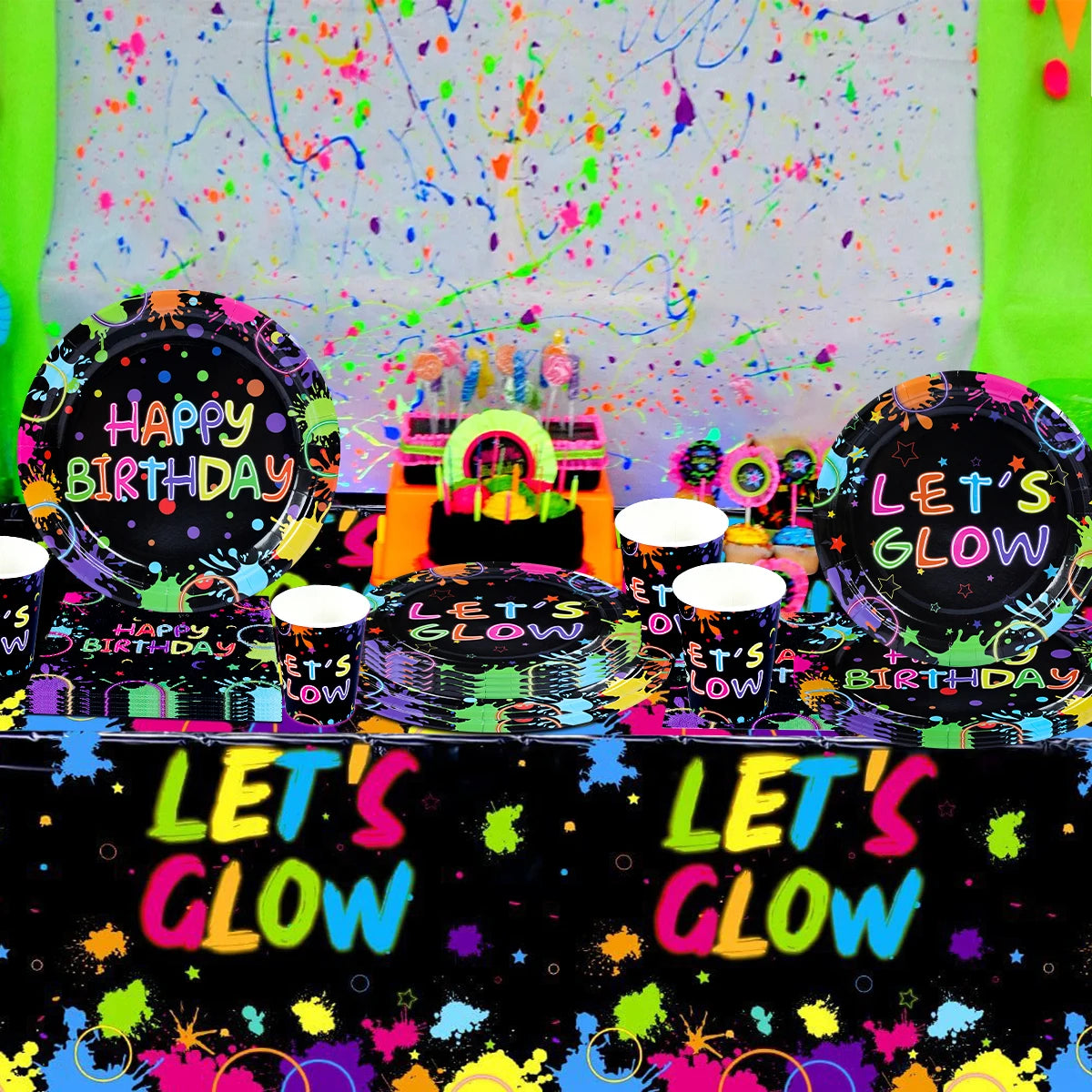 Let's Glow Party Decorations Disposable Tablecloth Neon Party Tablecloth Glow Table Covers Birthday Party Supplies Baby Shower