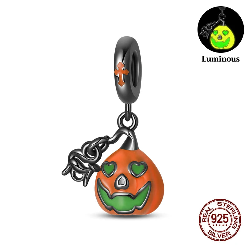 2025 Hot Sale Halloween Charms Bead 925 Sterling Silver Luminous Pumpkin Ghost Dangle Fit Bangle Bracelet Necklace DIY Jewelry