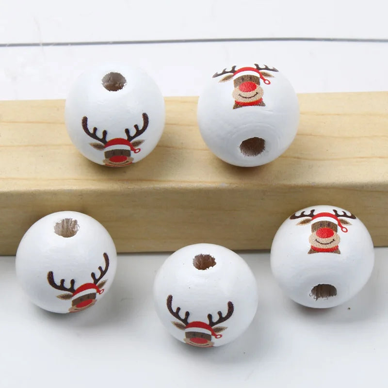 Round Balls Red Green Wooden Beads 15mm Cartoon Tree Letter Pattern Halloween Christmas Beads For Jewelry Making DIY Accessories