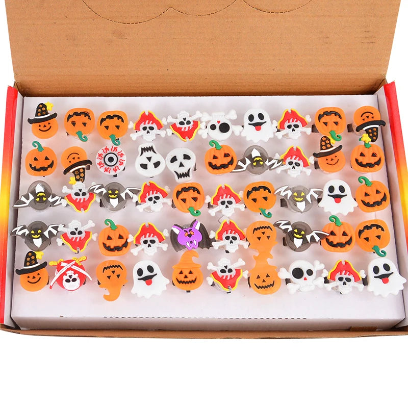 10pcs Halloween Party Glow Ring Kids Gifts Toys Pumpkin Bat Ghost Skull Creative LED Luminous Finger Rings Decor Party Supplies