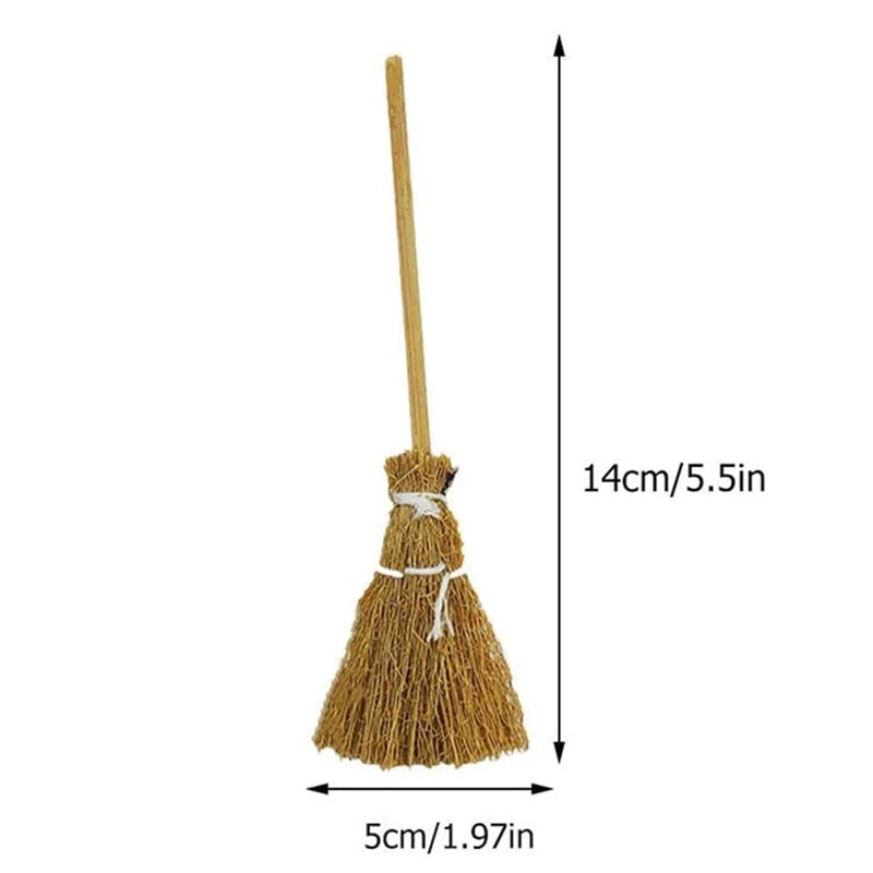 10PCS Mini Broom Witch Straw Brooms DIY Hanging Ornaments for Halloween Party Decoration Costume Props Dollhouse Accessories
