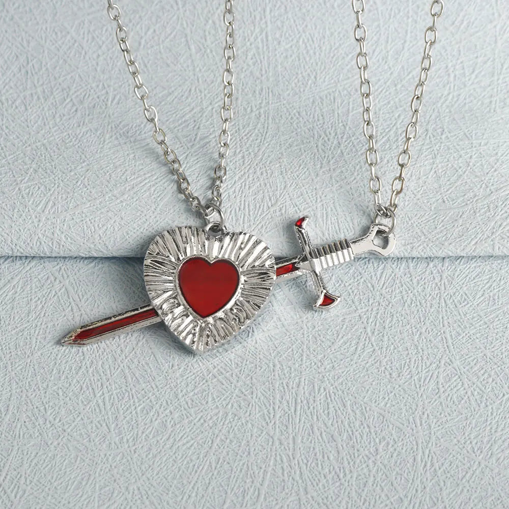 A Set Red Heart and Sword Couple Necklace Collarbone Chain Sword Necklace Fashion Accessories for Women Christmas Gift