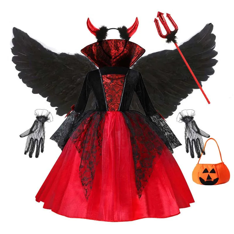 Girl Vampire Halloween Dress For Kid Ghost Bride Gothic Cosplay Vampire Costume Count Vampiran Carnival Outfit Black Red Clothes