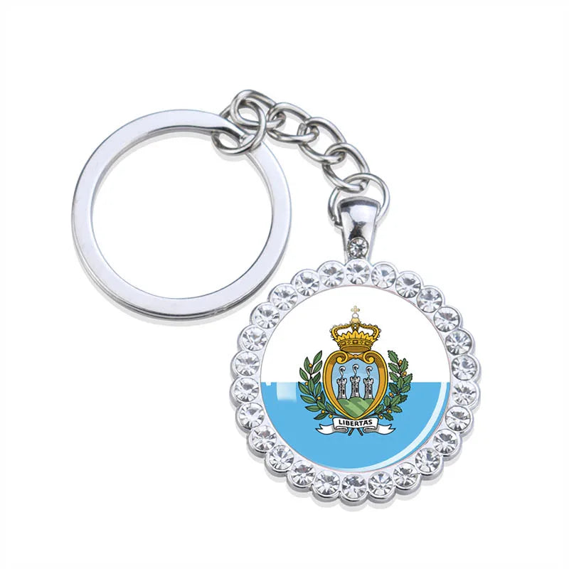 Europe National Flag Keychains Glass Dome Rhinestone Pendant Key Chains Albania Spain Ukraine Russia France Germany Flag Keyring