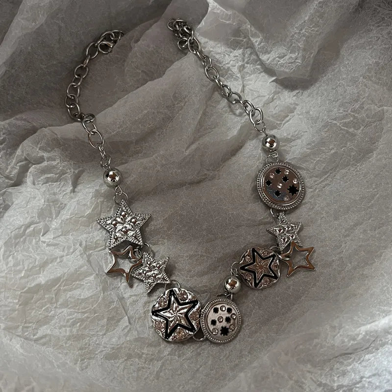 Punk Retro Button Star Pendant Necklace Trendy Delicate Silver Color Unisex Choker Personalised Luxury Jewelry for Women