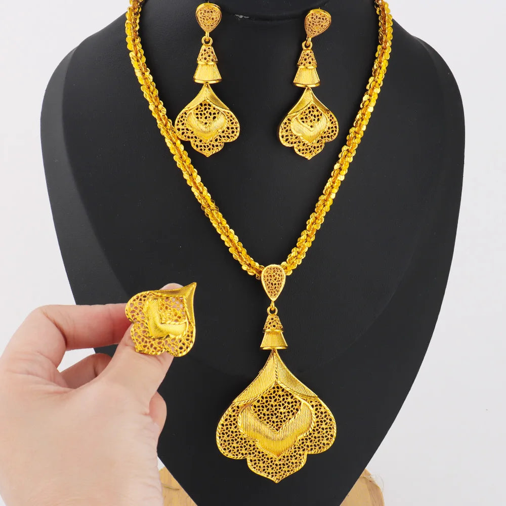 Nigerian Jewelery Set For Women Dubai 24K Gold Color Jewlery African Designer Wedding Bridal Necklace Earring Ring Gift