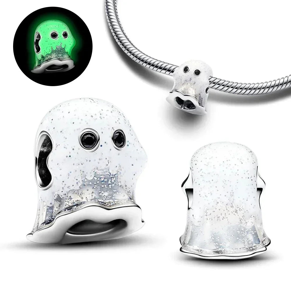 Original 925 Sterling Silver Halloween Charms Pumpkin Skull Witch Ghost Bead Earrings Pendant Fit Bracelet Necklace Jewelry