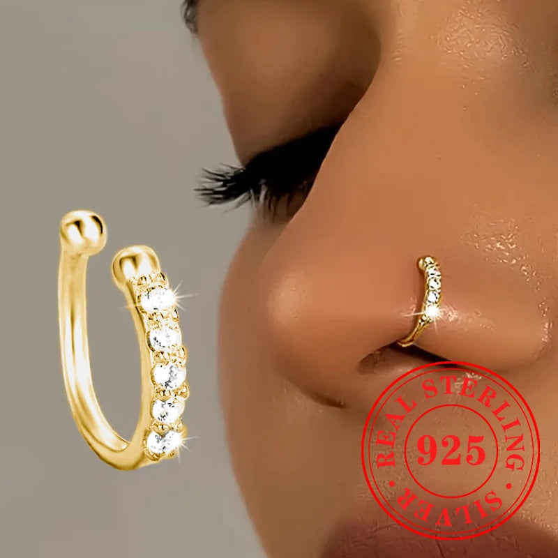 Huitan Exquisite Ultra-Sparkle CZ Pierced Nose Rings 925 Sterling Silver Hypoallergenic Jewelry Personality Anniversary Jewelry