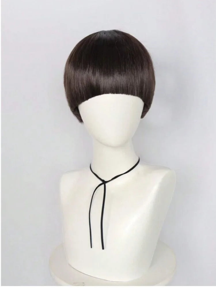 Short brown cosplay wig for men, synthetic bowl cut hair, anime retro wig, suitable for movies, parties, Halloween, Christmas