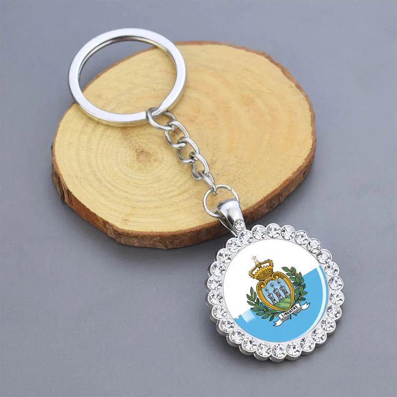 Europe National Flag Keychains Glass Dome Rhinestone Pendant Key Chains Albania Spain Ukraine Russia France Germany Flag Keyring