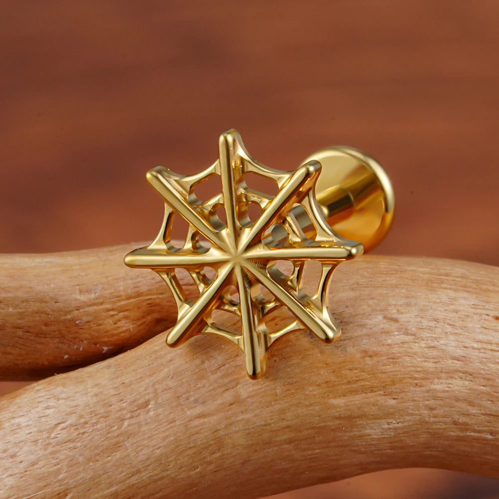 Right Grand ASTM F136 Titanium 16G Spider Web Stud Earring Cartilage Tragus Helix Conch Ear Lobe Flat Piercing Halloween Jewelry