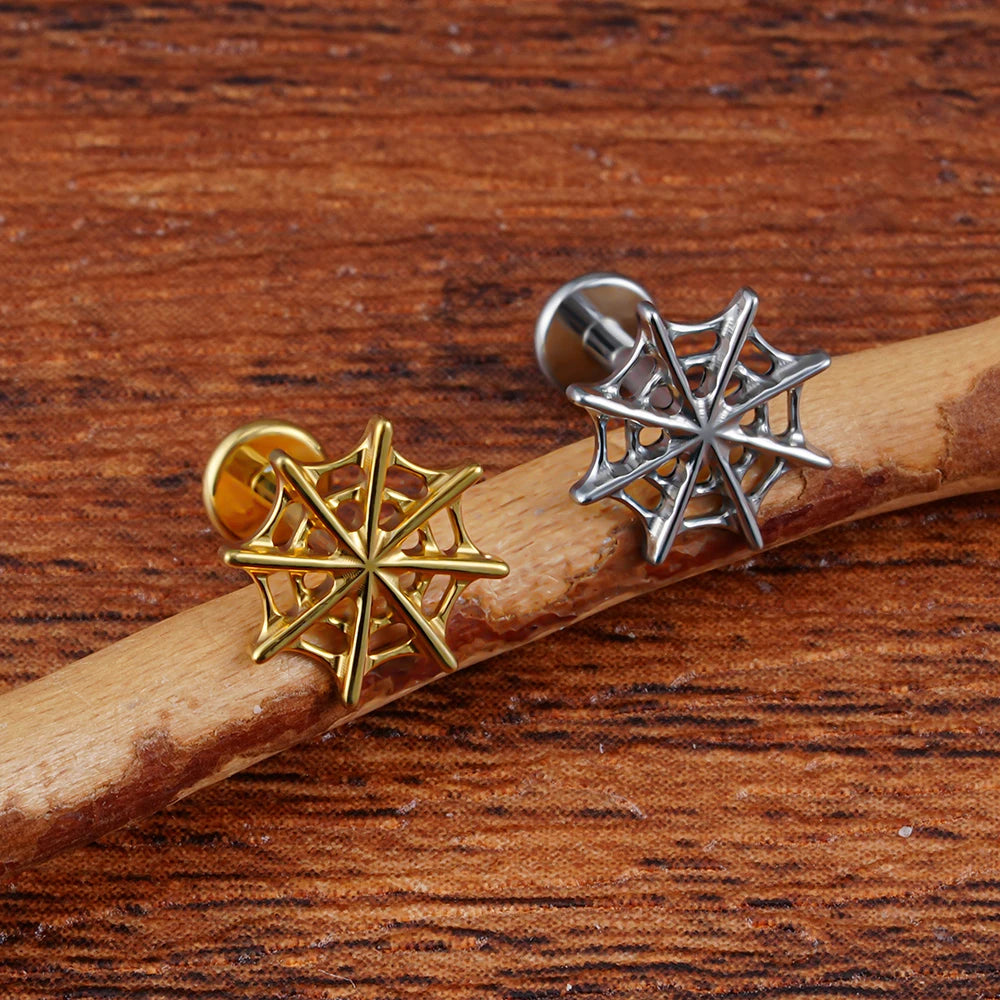 Right Grand ASTM F136 Titanium 16G Spider Web Stud Earring Cartilage Tragus Helix Conch Ear Lobe Flat Piercing Halloween Jewelry