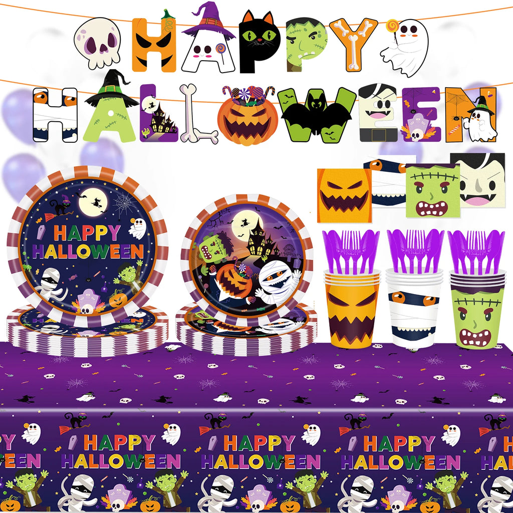 Halloween Ghost Shape Disposable Tableware Paper Plates Cups Halloween Happy Birthday Party Decoration For Home