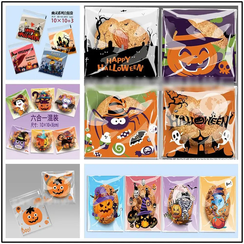 100pcs Happy Halloween Cookie Candy bread packaging bags self-adhesive plastic bags for biscuits snack baking package 10X10