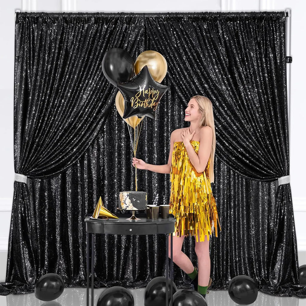 Black Sequin Backdrop Curtains 3Pcs-7ftx7ft Sparkly Background Drapes Photography for Halloween Party Birthday Wedding Decor