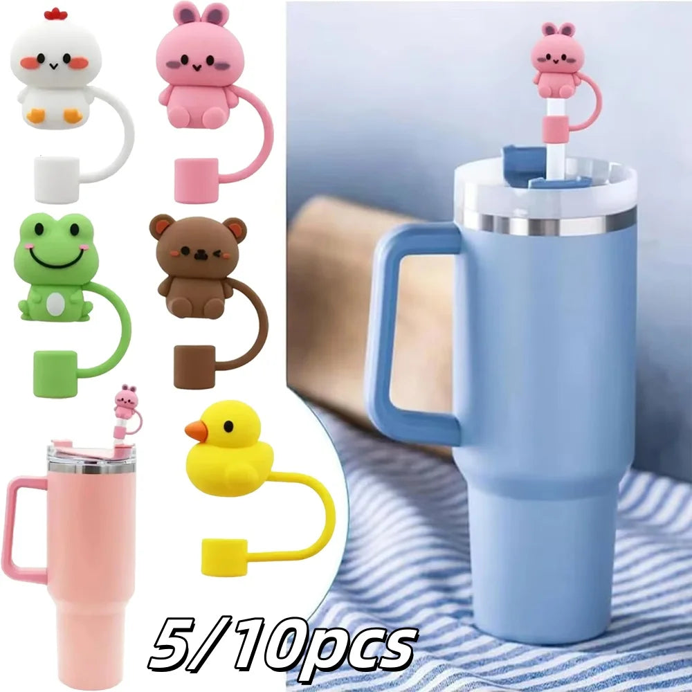 5/10pcs Straw Cover Cap Reusable Silicone Dust-Proof Animal Shape Straw Topper Compatible With 30/40oz Tumbler Handle Tips Lid